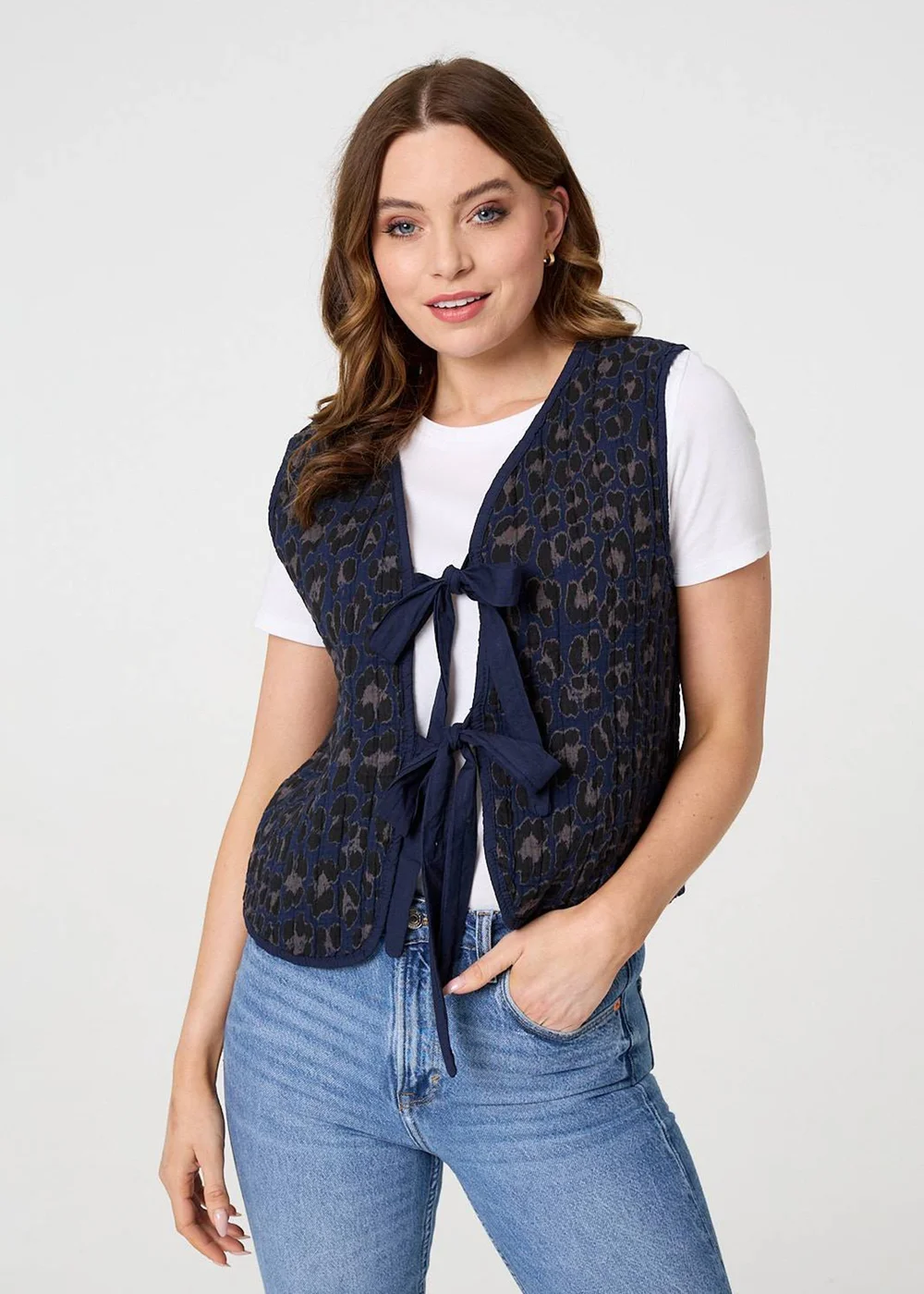 Izabel London Blue Animal Print Sleeveless Tie front Vest - Small/Medium Image 1