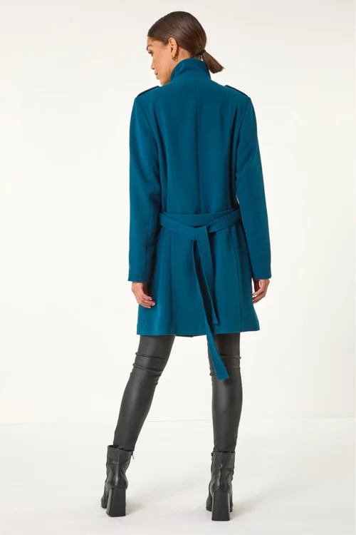 Roman Teal Funnel Neck Buttoned Coat - 10 Image 3