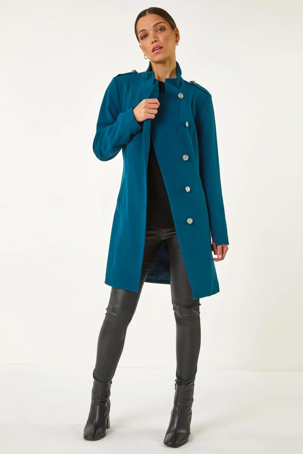 Roman Teal Funnel Neck Buttoned Coat - 10 Image 1