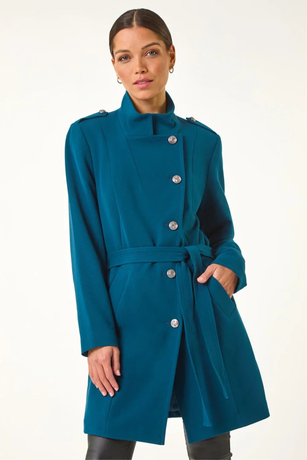 Roman Teal Funnel Neck Buttoned Coat - 10 Image 2