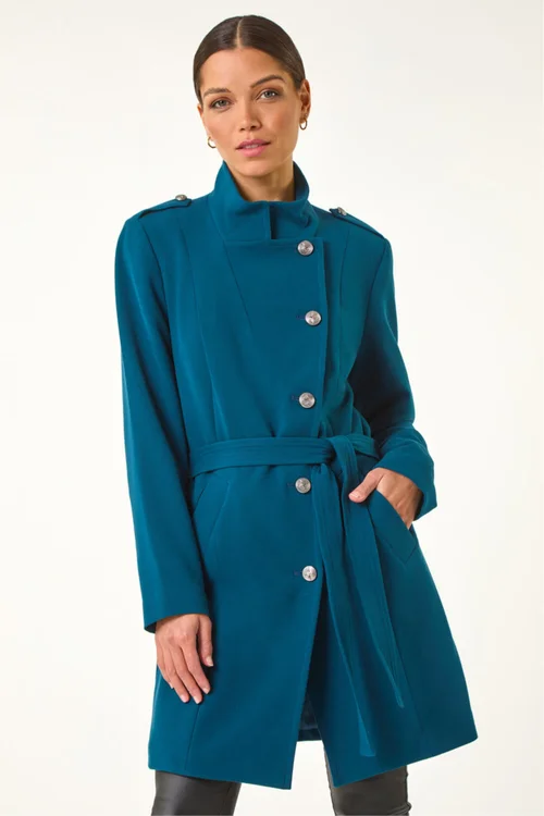 Roman Teal Funnel Neck Buttoned Coat - 10 Image 2