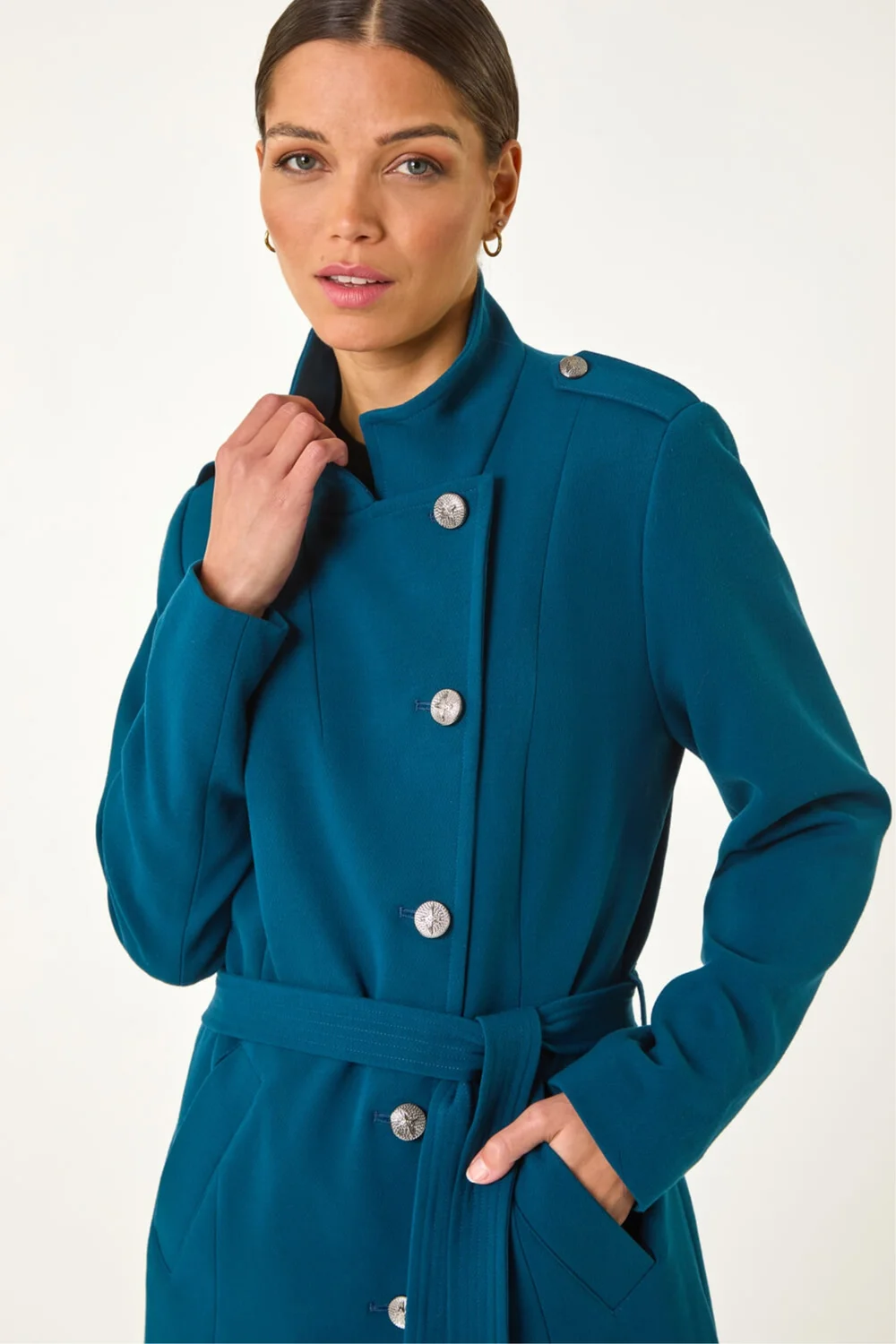 Roman Teal Funnel Neck Buttoned Coat - 10 Image 4
