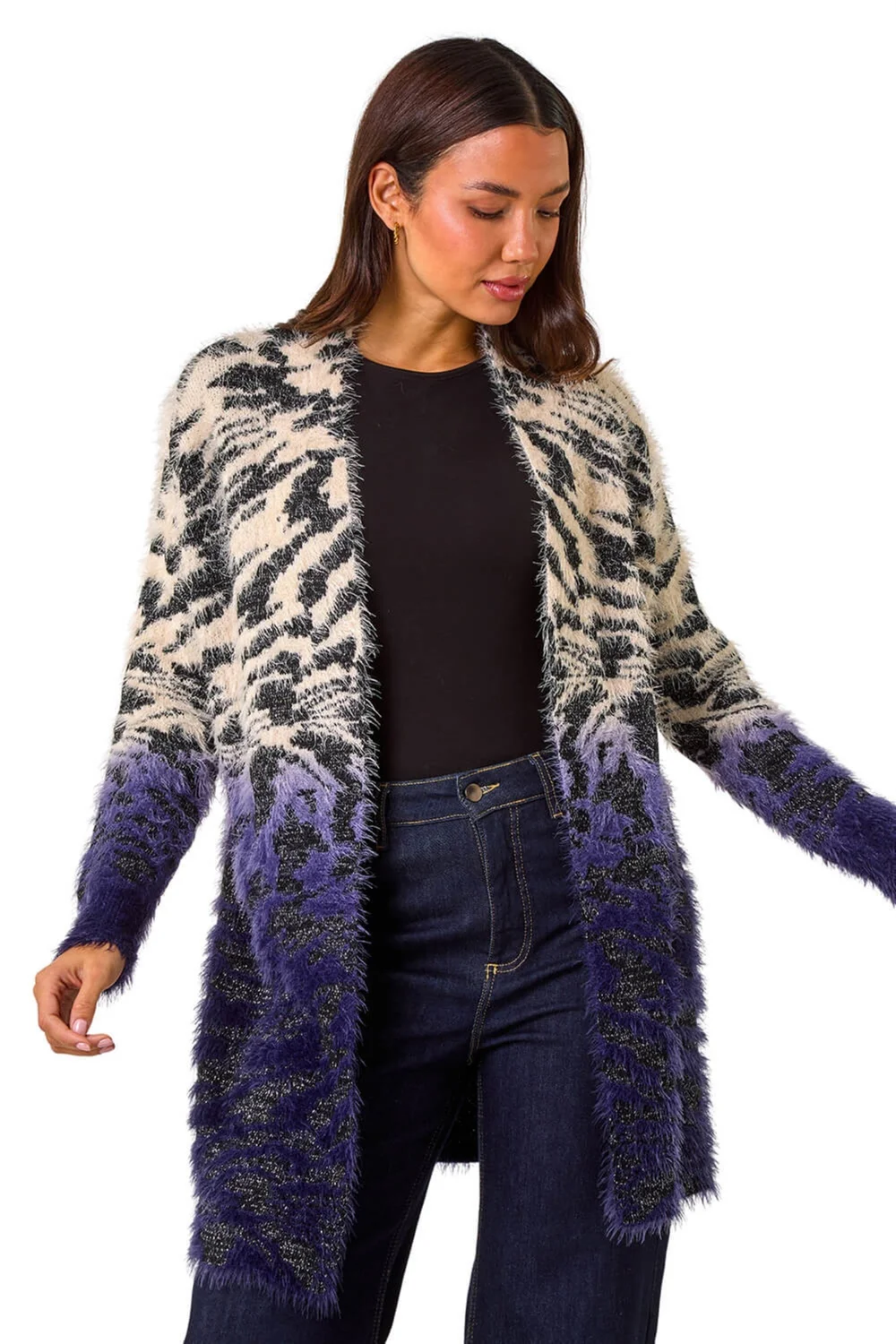Roman Purple Fluffy Abstract Dipped Cardigan - Size 16 Image 1