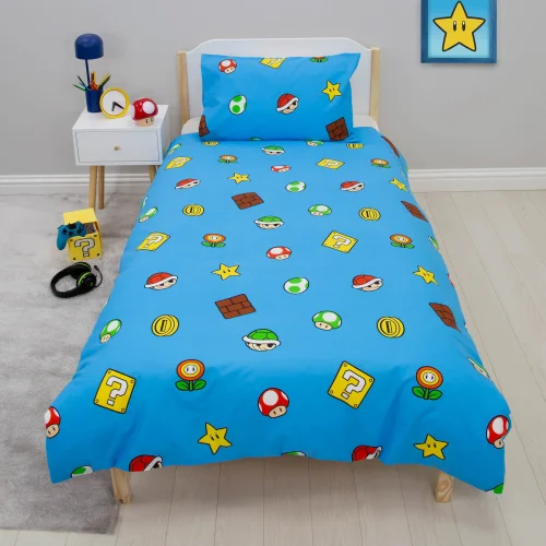 Super Mario Blue Splitter Polycotton Duvet Set - Single Image 2