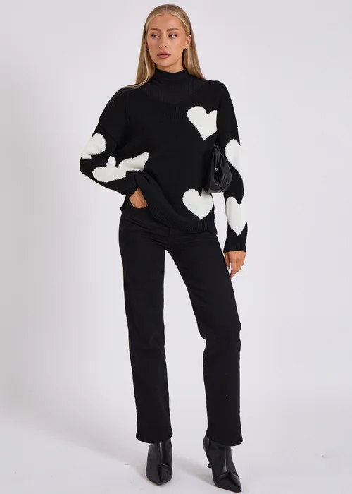 Gini London Black V Neck Oversized Heart Knit Jumper - S/M Image 1