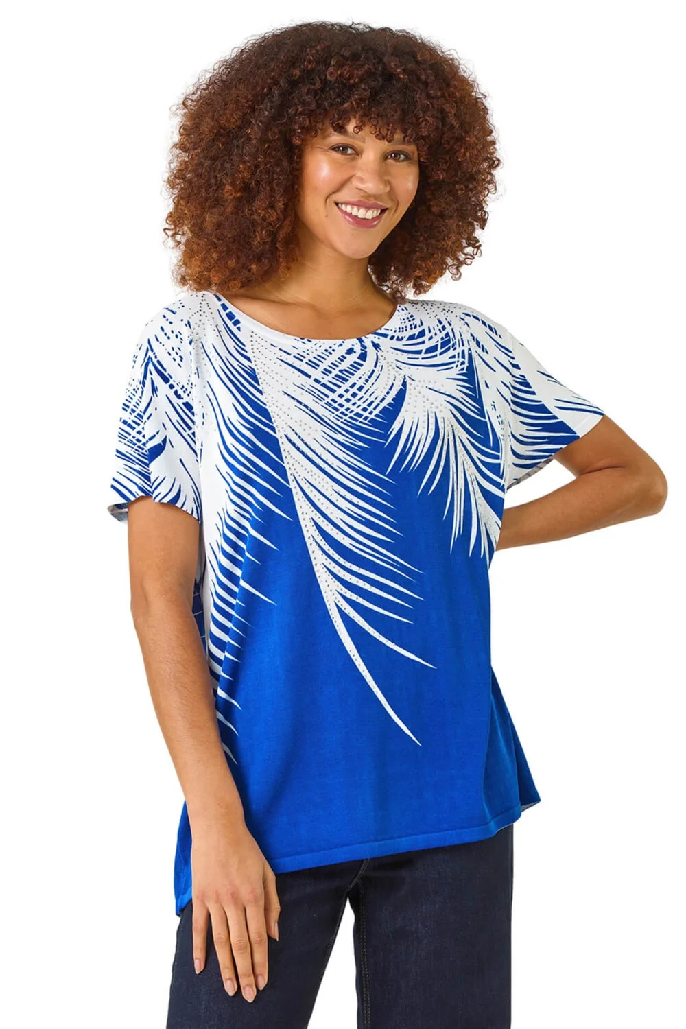 Roman Ink Blue Palm Leaf Print Crew Neck Tee - 18 Image 1