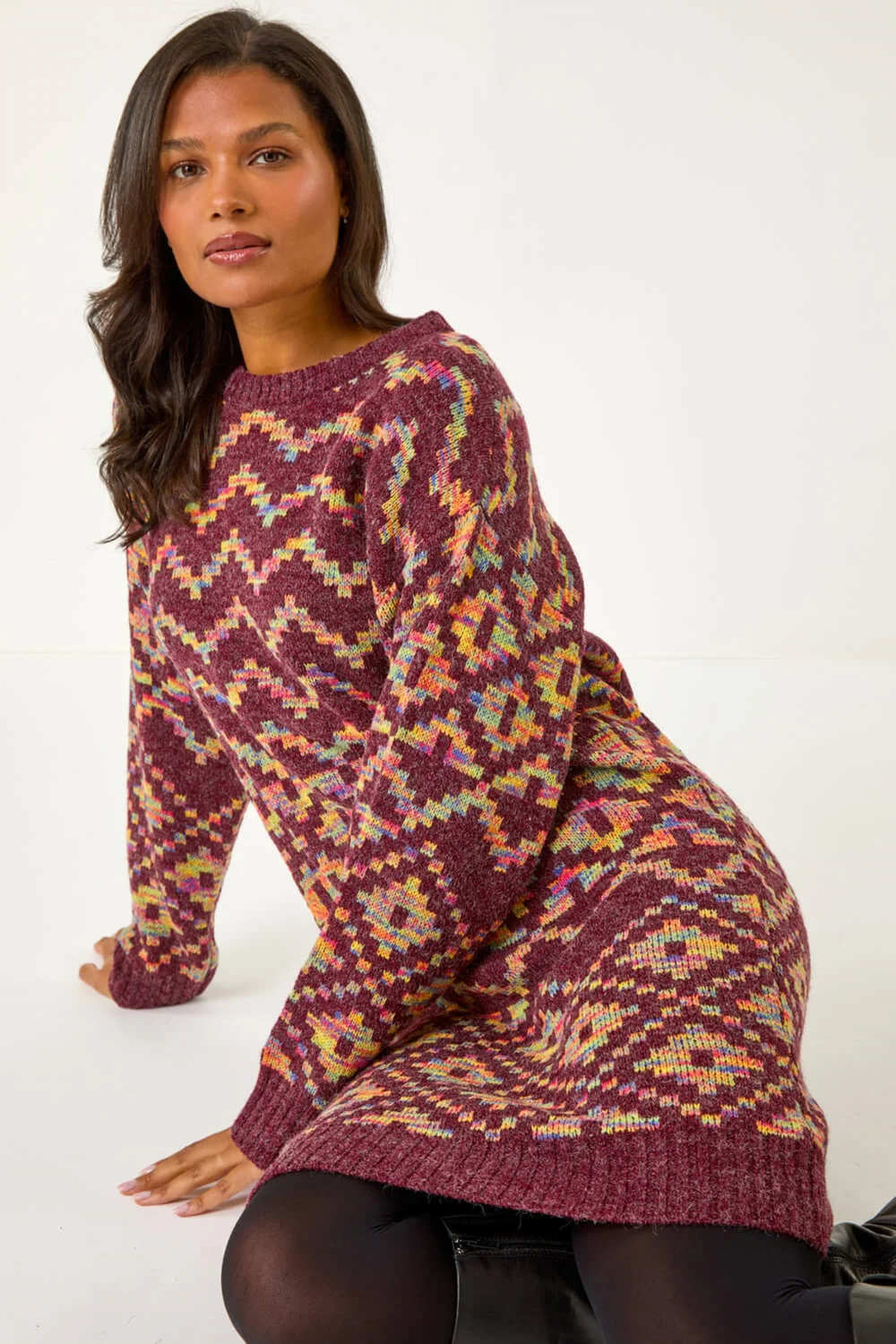 Roman Burgundy Geometric Print Jacquard Jumper Dress - Size 12 Image 2