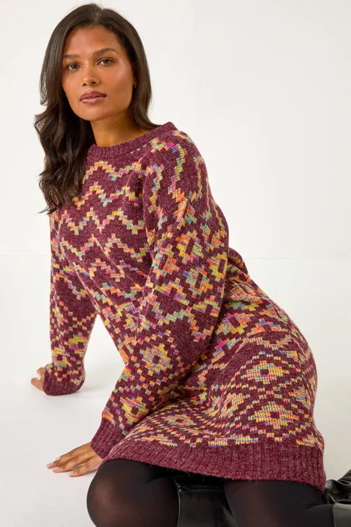 Roman Burgundy Geometric Print Jacquard Jumper Dress - Size 12 Image 2
