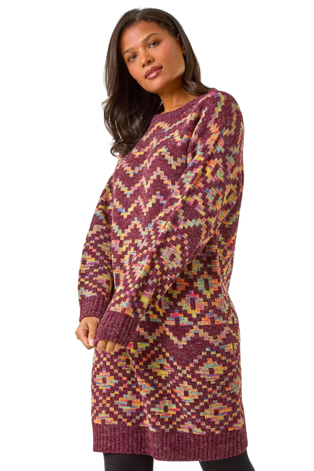 Roman Burgundy Geometric Print Jacquard Jumper Dress - Size 12 Image 1