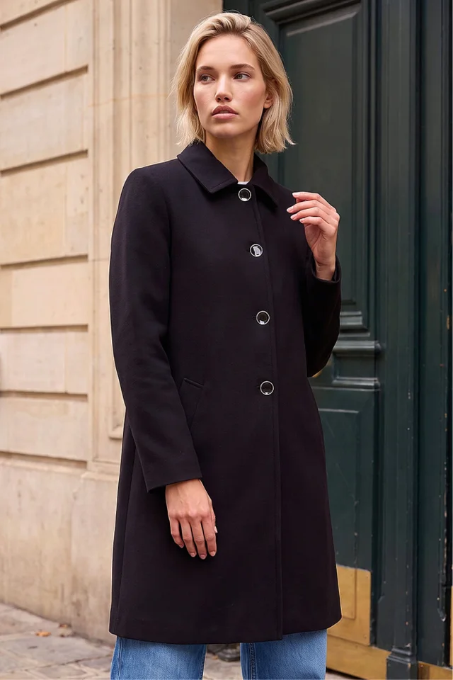 Roman Black Buttoned Swing Coat