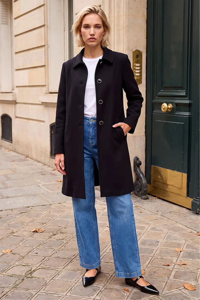 Roman Black Buttoned Swing Coat
