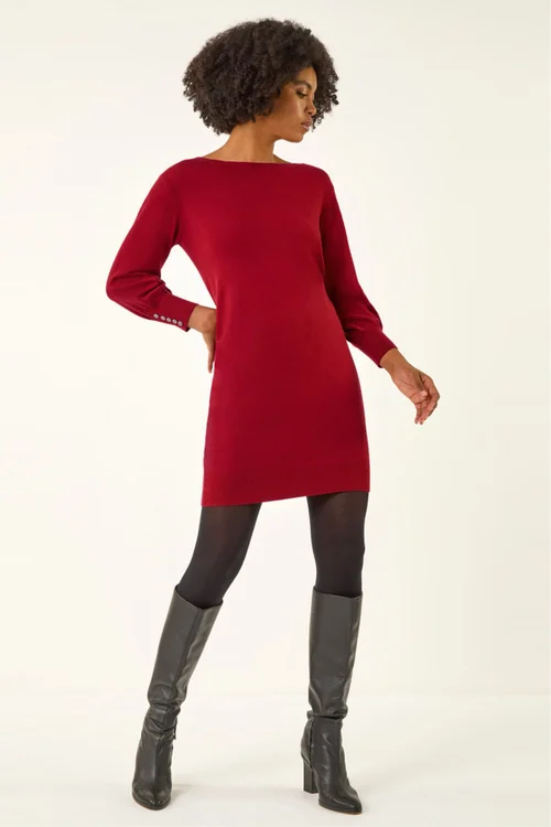 Roman Red Button Detail Slash Neck Knitted Stretch Dress - 14 Image 2