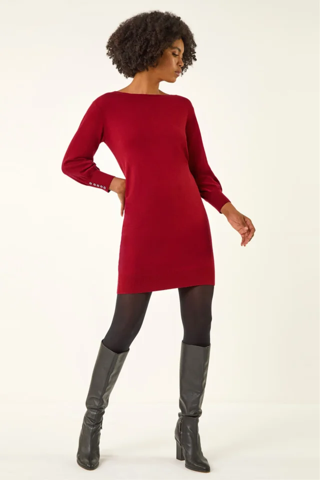 Roman Red Button Detail Slash Neck Knitted Stretch Dress