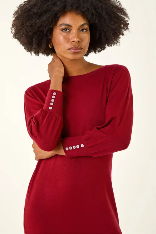 Roman Red Button Detail Slash Neck Knitted Stretch Dress - 14 Image 4