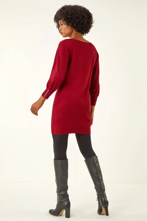 Roman Red Button Detail Slash Neck Knitted Stretch Dress - 14 Image 3