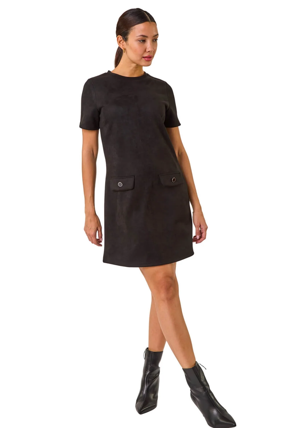 Roman Black Suedette Button Shift Stretch Dress - 10 Image 2