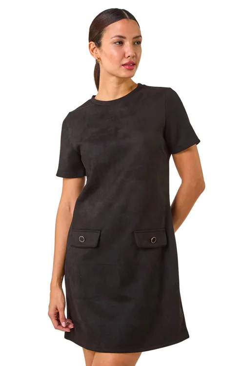 Roman Black Suedette Button Shift Stretch Dress - 10 Image 1