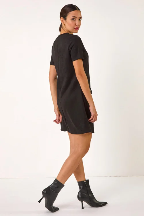Roman Black Suedette Button Shift Stretch Dress - 10 Image 3
