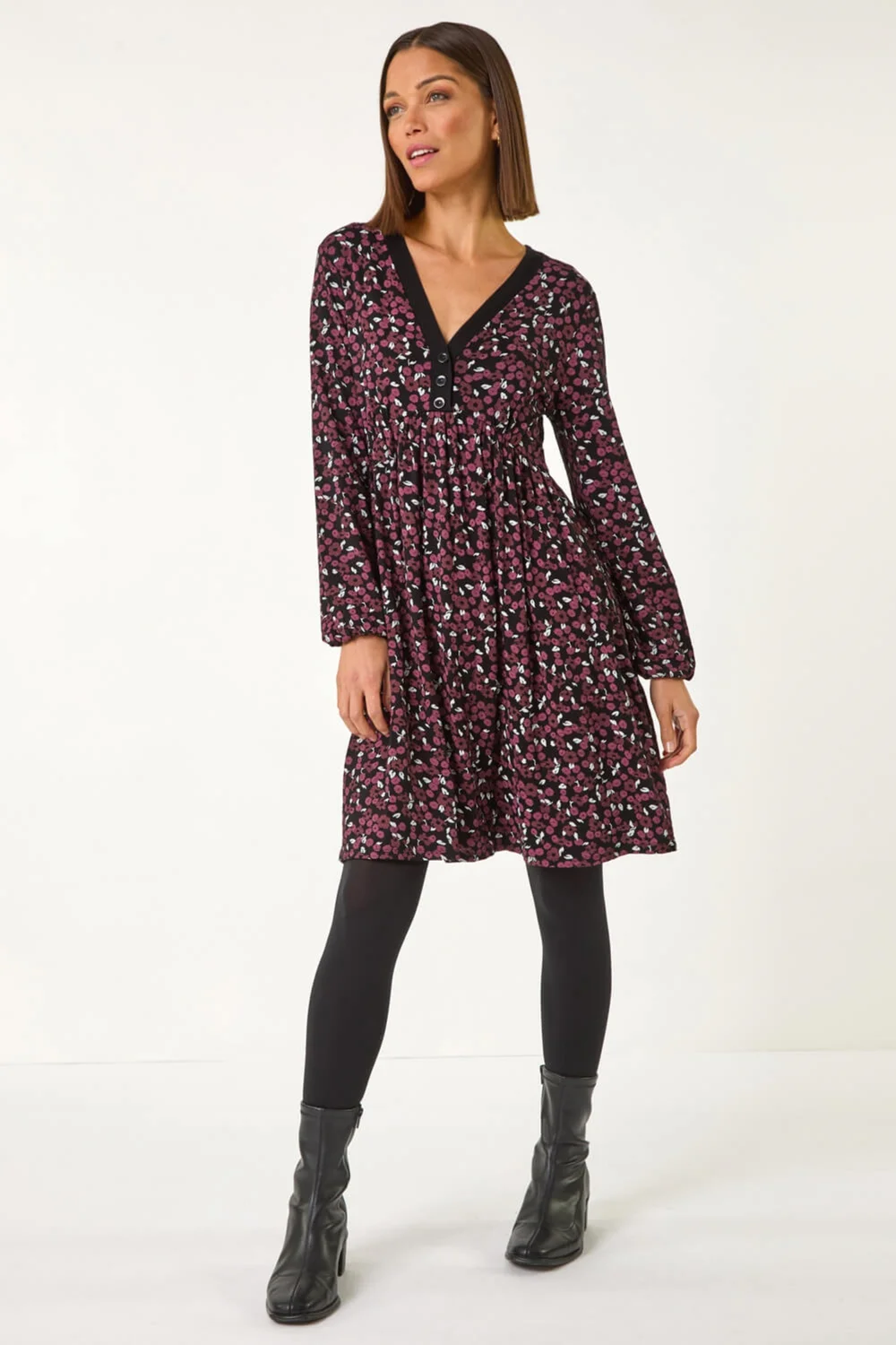 Roman Burgundy Ditsy Floral Button Detail Dress - 10 Image 3