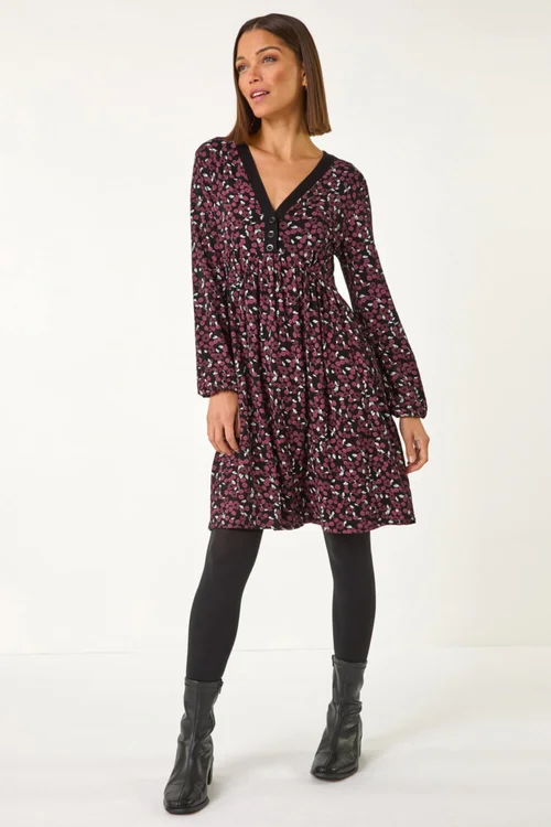Roman Burgundy Ditsy Floral Button Detail Dress - 10 Image 3