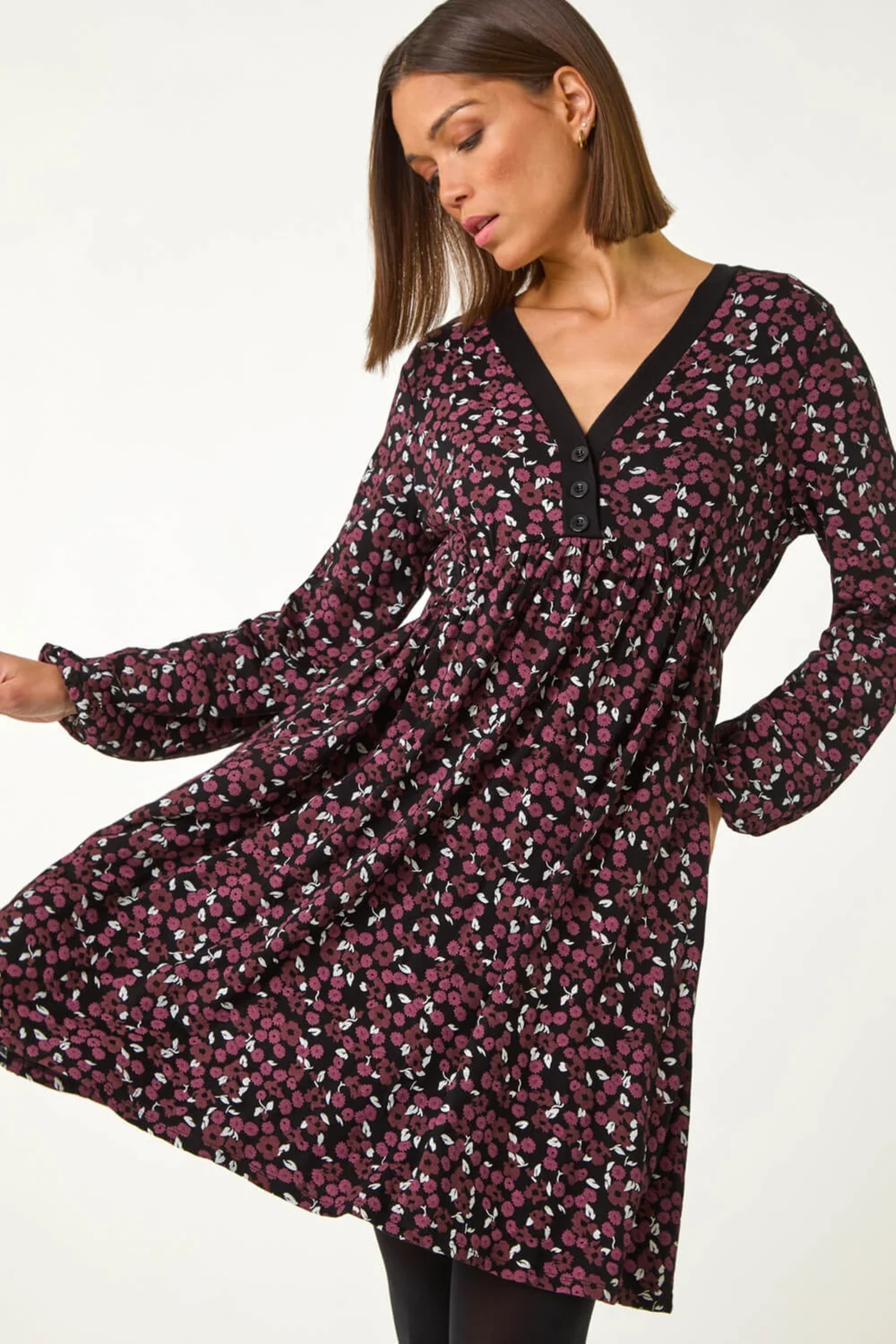 Roman Burgundy Ditsy Floral Button Detail Dress - 10 Image 2