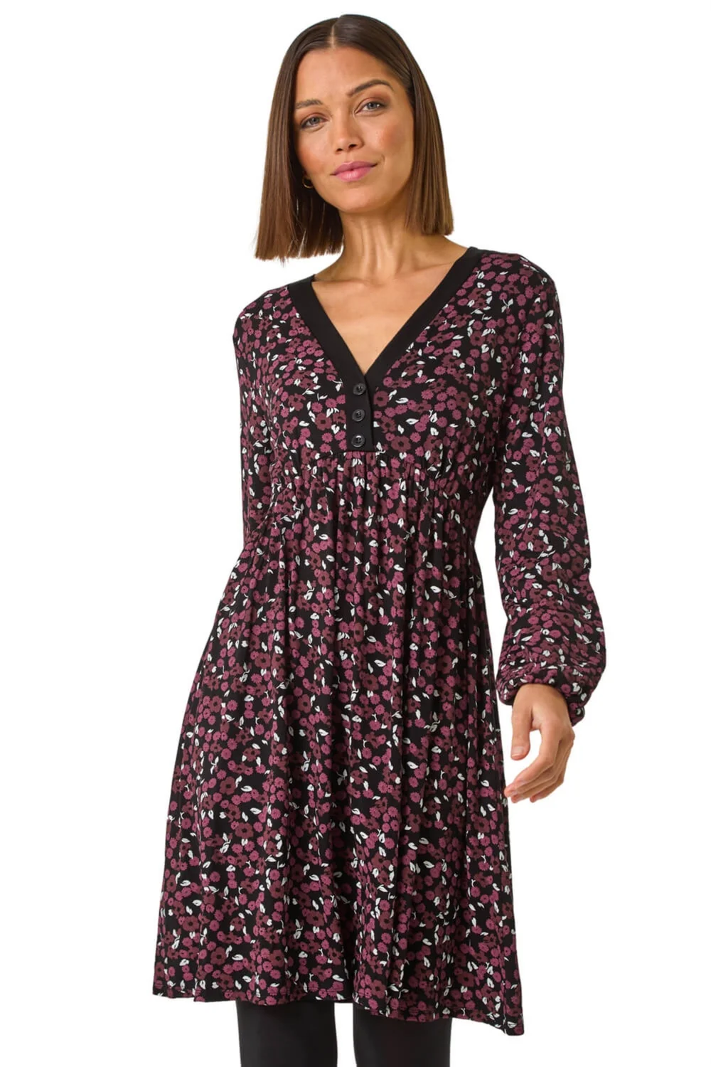 Roman Burgundy Ditsy Floral Button Detail Dress - 10 Image 1