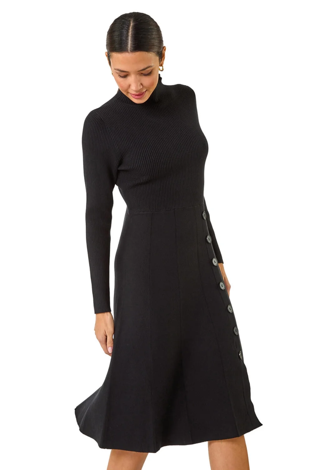 Roman Black Button Detail Knitted Dress - Size 12 Image 1