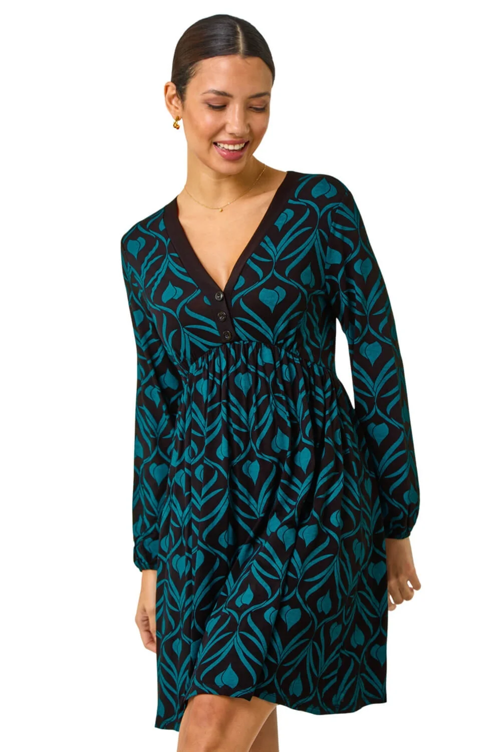 Roman Blue Geo Print Button Detail Stretch Dress - 22 Image 1