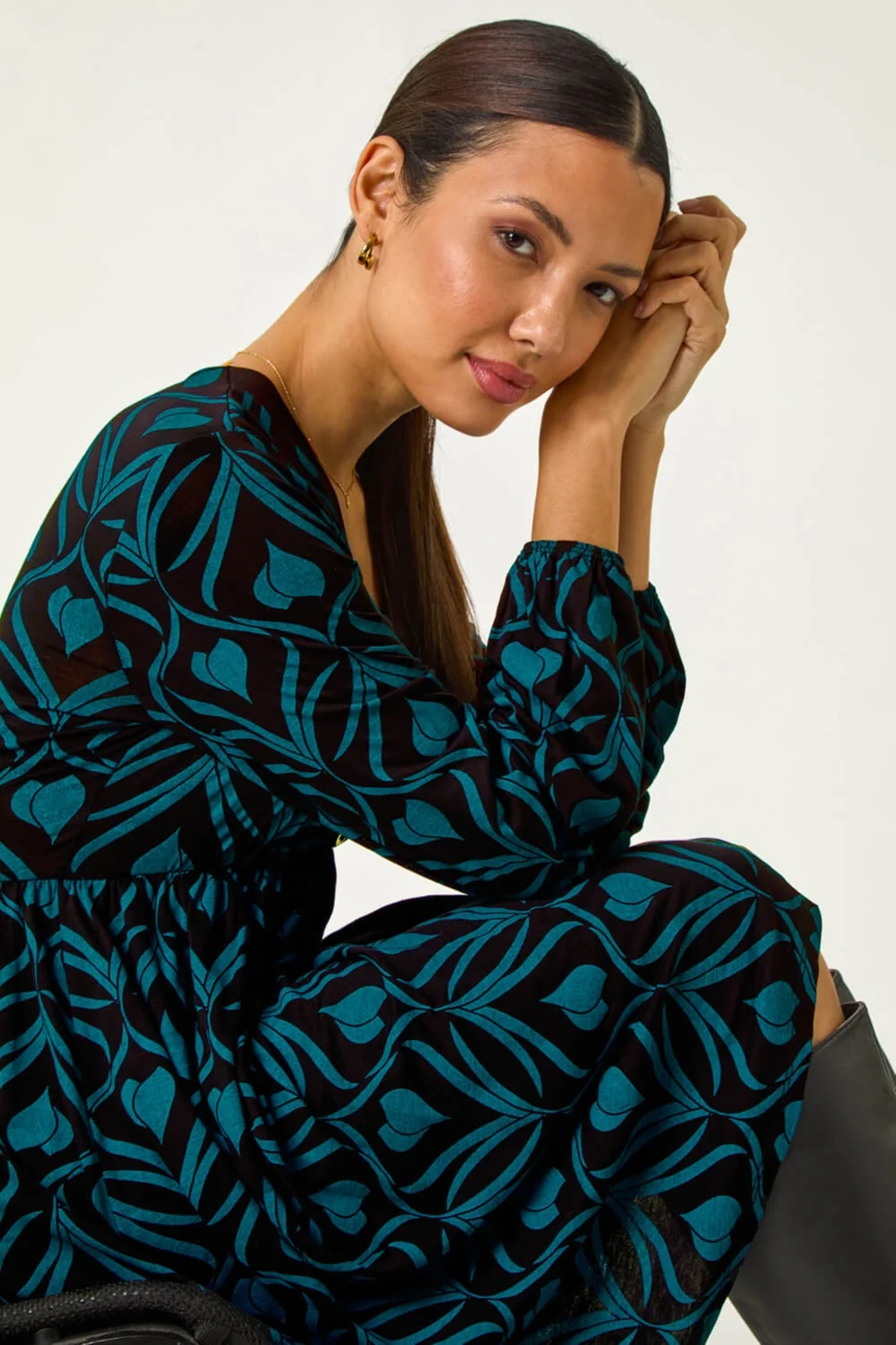 Roman Blue Geo Print Button Detail Stretch Dress - 22 Image 2