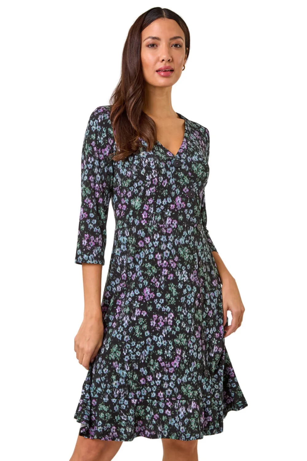 Roman Black Floral Print Side Button Stretch Dress - 10 Image 1
