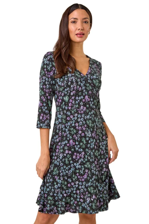 Roman Black Floral Print Side Button Stretch Dress - 10 Image 1