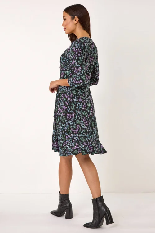 Roman Black Floral Print Side Button Stretch Dress - 10 Image 3