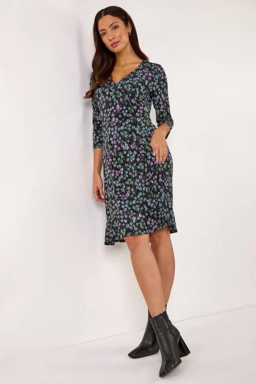 Roman Black Floral Print Side Button Stretch Dress - 10 Image 2