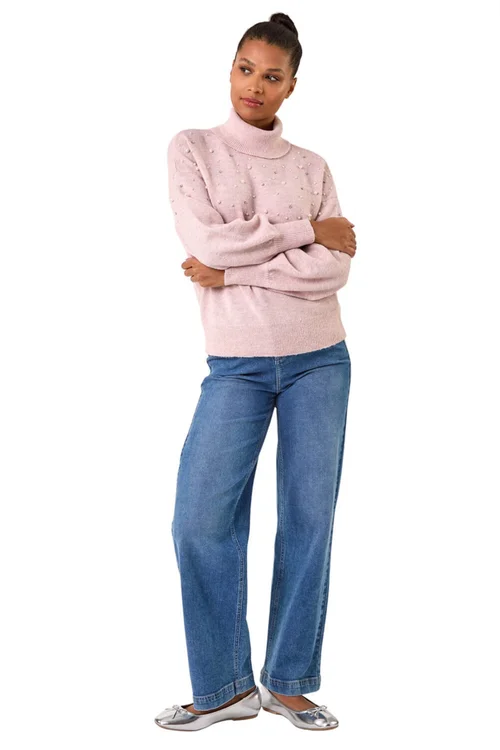 Roman Pale Pink Faux Pearl Roll Neck Knit Jumper - Size 18 Image 2