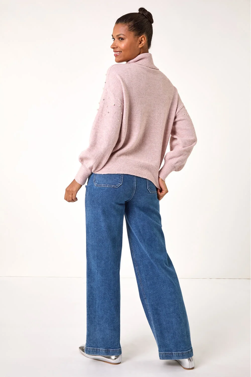 Roman Pale Pink Faux Pearl Roll Neck Knit Jumper - Size 18 Image 3