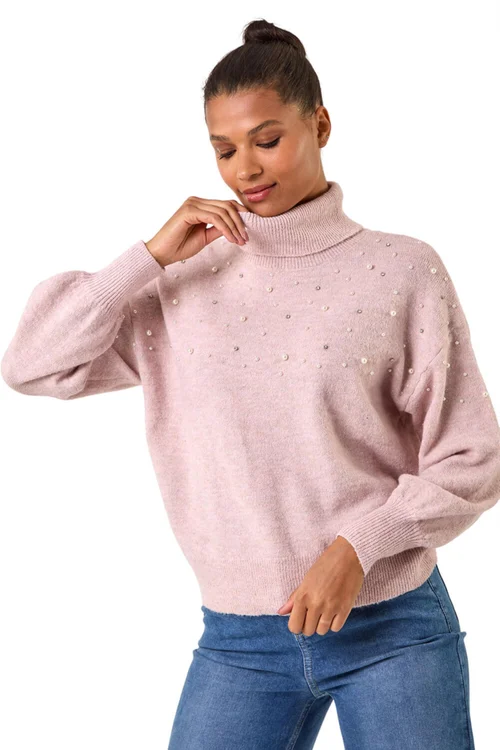 Roman Pale Pink Faux Pearl Roll Neck Knit Jumper - Size 18 Image 1