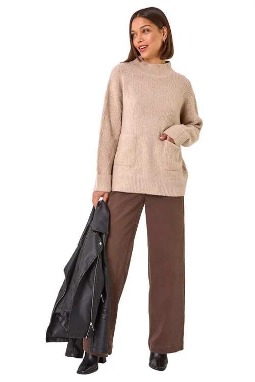 Roman Natural Cable Knit High Neck Jumper - Size 10 Image 2
