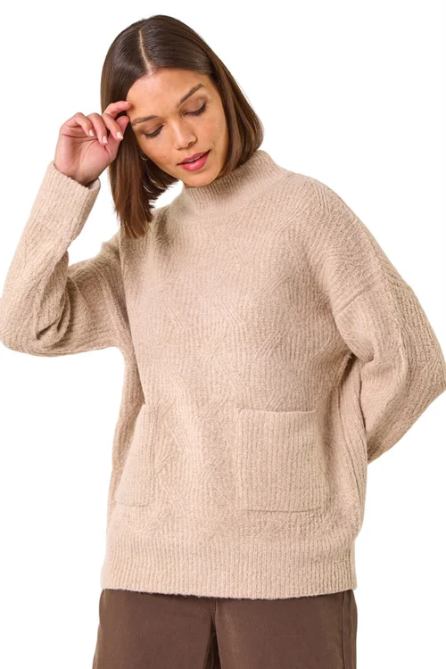 Roman Natural Cable Knit High Neck Jumper - Size 10 Image 1