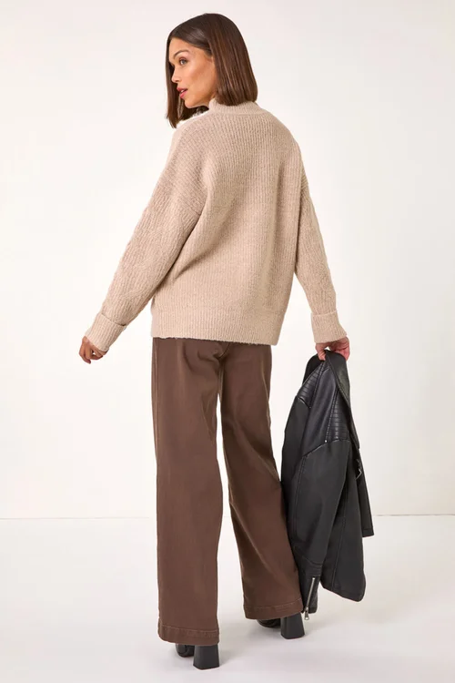 Roman Natural Cable Knit High Neck Jumper - Size 10 Image 4
