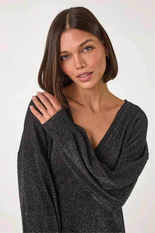 Roman Black Relaxed Stretch Sparkly V-Neck Jumper - 12 Image 4