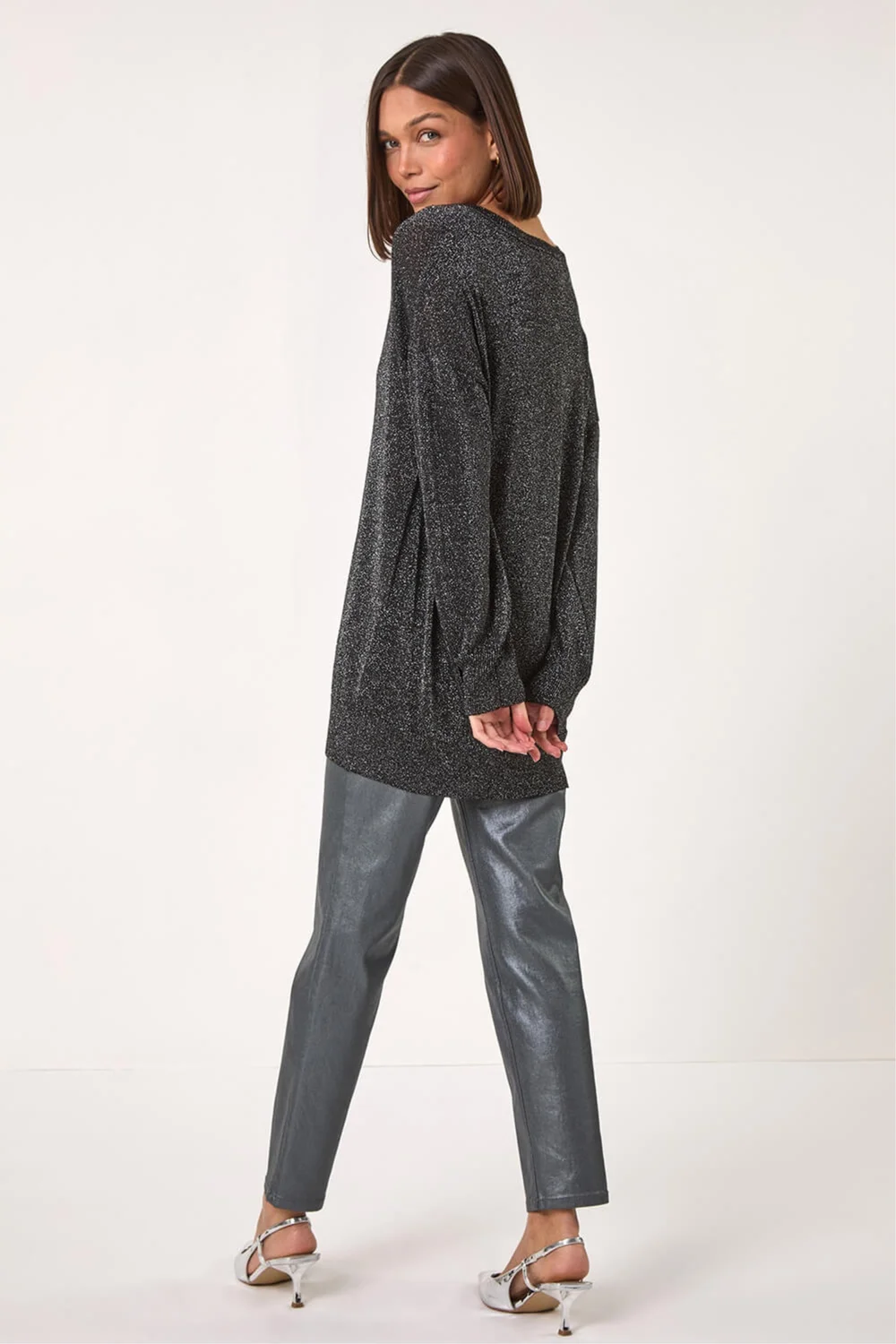 Roman Black Relaxed Stretch Sparkly V-Neck Jumper - 12 Image 3