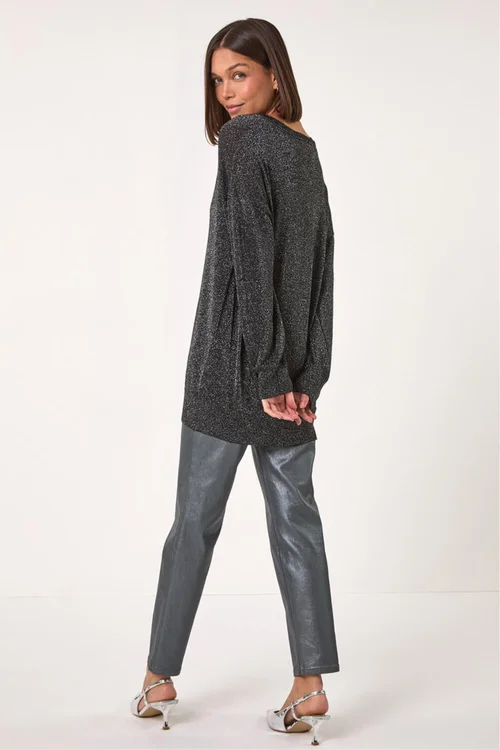 Roman Black Relaxed Stretch Sparkly V-Neck Jumper - 12 Image 3
