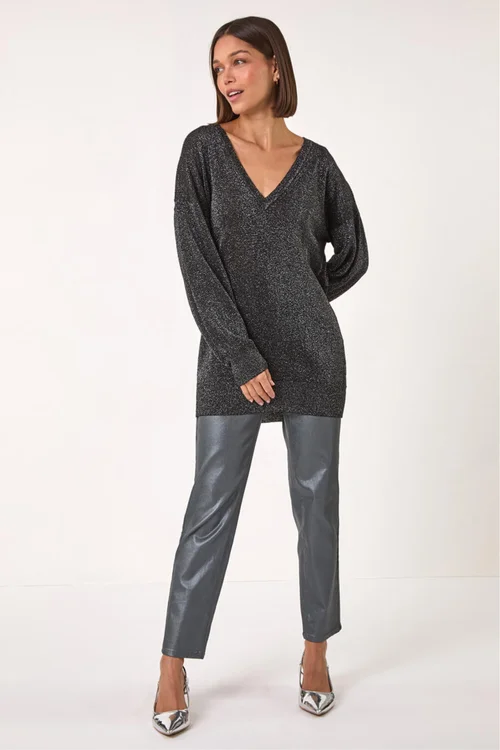 Roman Black Relaxed Stretch Sparkly V-Neck Jumper - 12 Image 1
