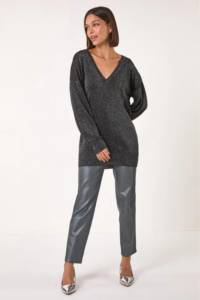 Roman Black Relaxed Stretch Sparkly V-Neck Jumper