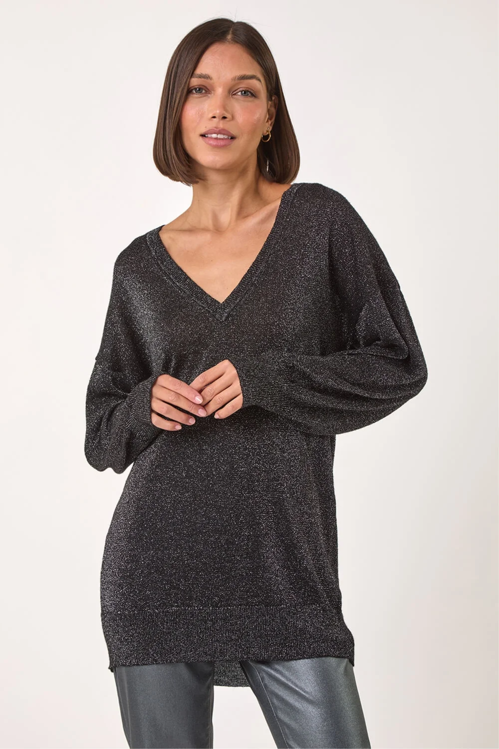 Roman Black Relaxed Stretch Sparkly V-Neck Jumper - 12 Image 2
