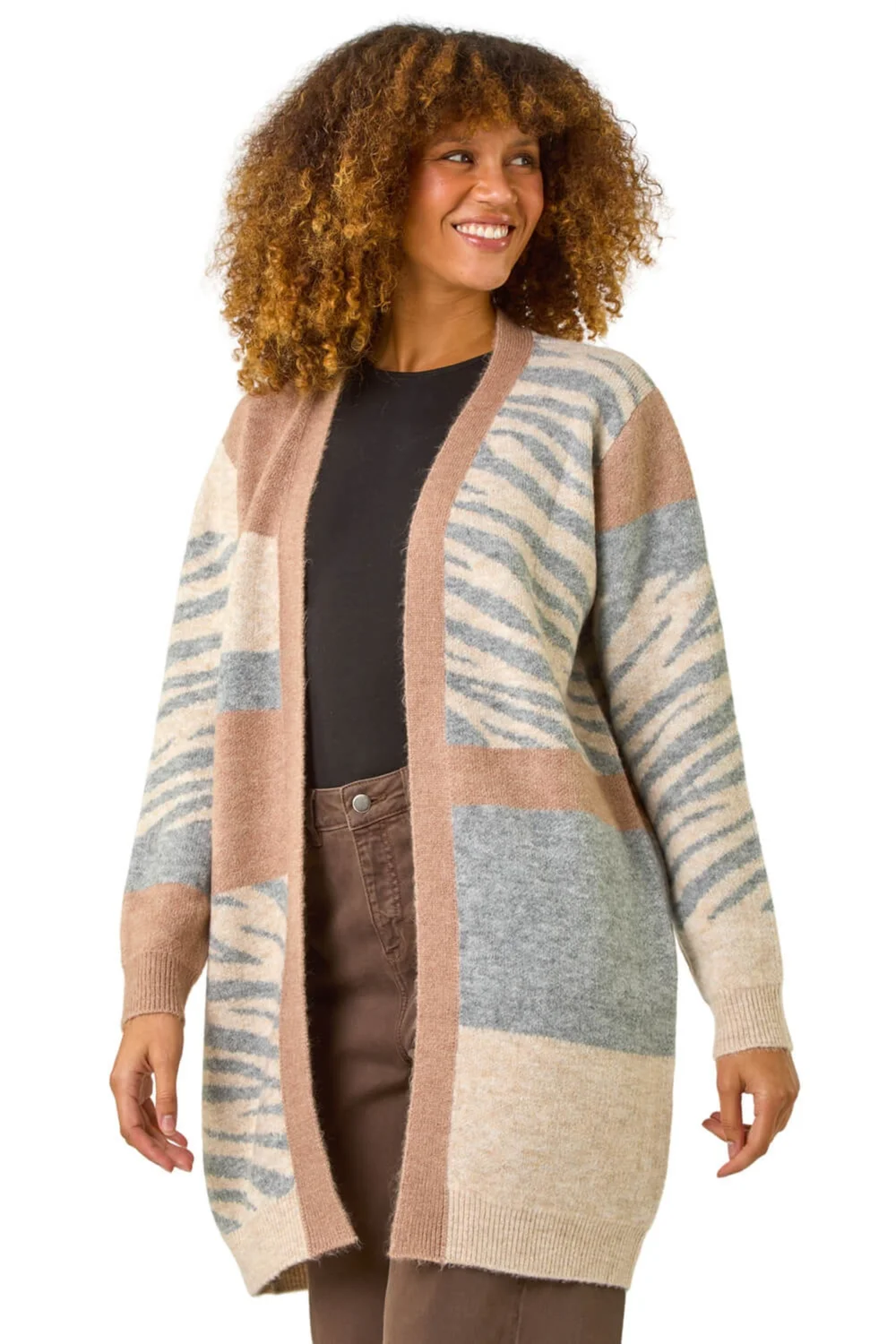 Roman Natural Colour Block Animal Print Knit Cardigan - Size 10 Image 1