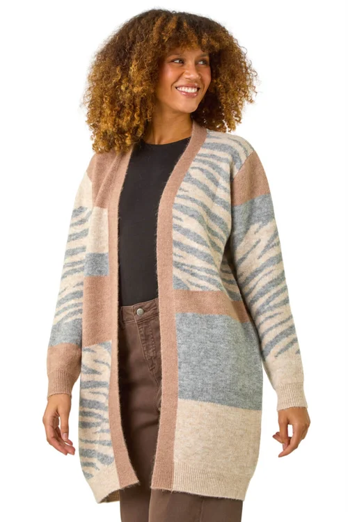 Roman Natural Colour Block Animal Print Knit Cardigan - Size 10 Image 1