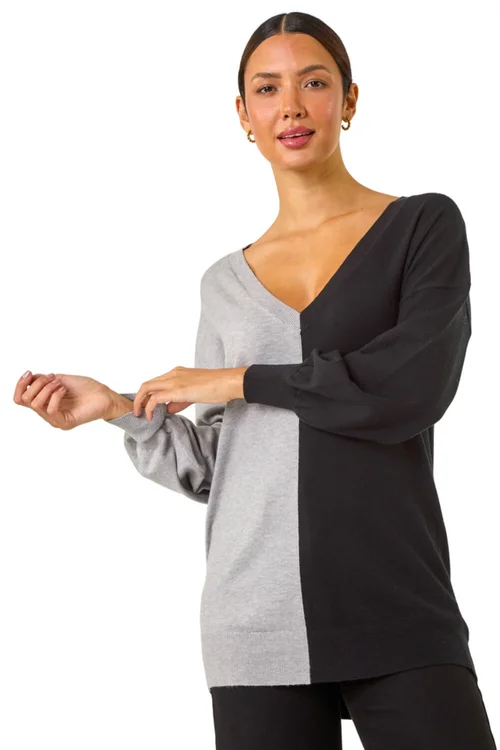 Roman Grey V-Neck Colour Block Knit Jumper - Size 14 Image 1