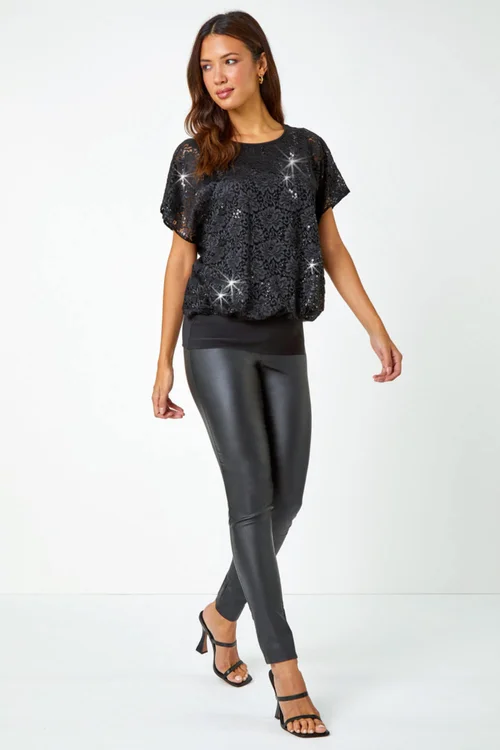 Roman Black Sequin Lace Overlay Stretch Top - 10 Image 2