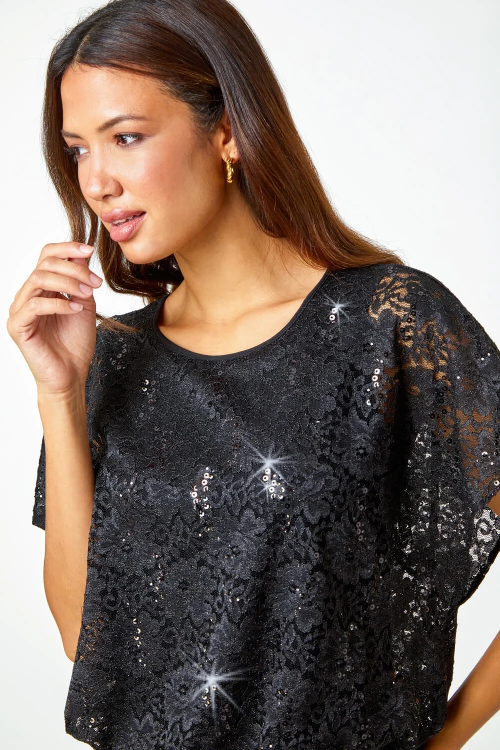 Roman Black Sequin Lace Overlay Stretch Top - 10 Image 4